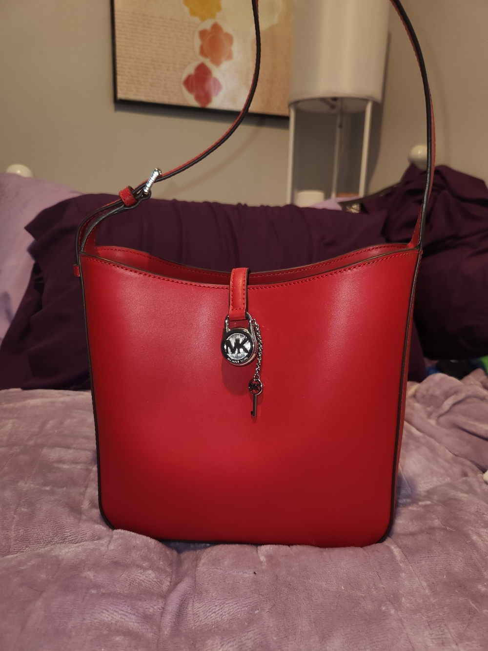 NWOT Michael Kors Red Leather Shoulder Hobo with Silver MK Charm Closure